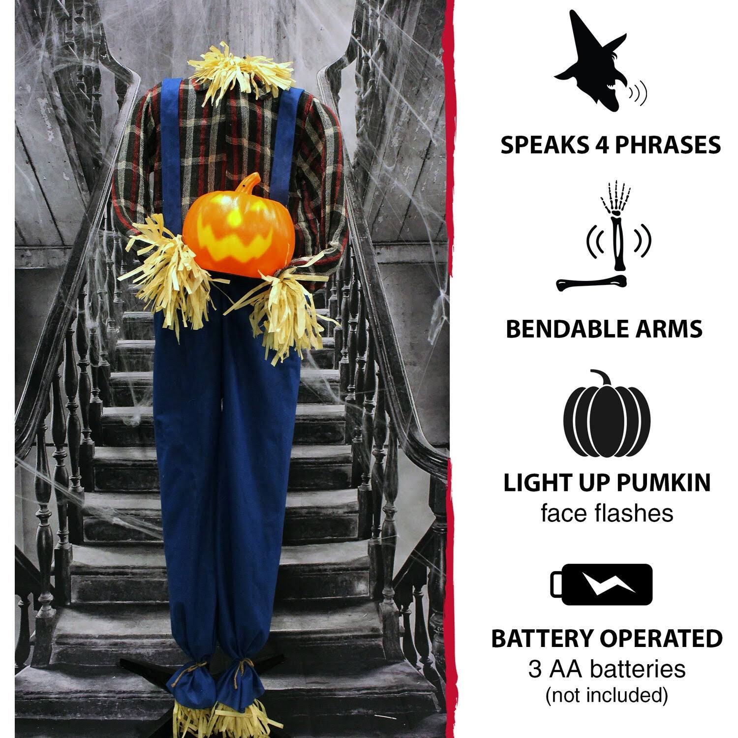 Haunted Hill Farm Life-Size Animatronic Scarecrow, Indoor/Outdoor Halloween Decoration, Light-Up Face Talking, Battery-Operated