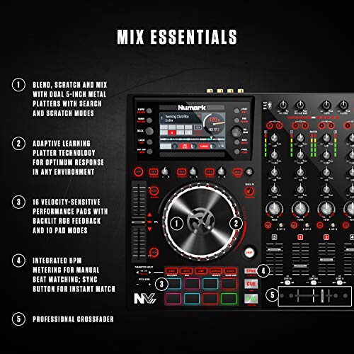 Numark NV II | Four Deck DJ Controller for Serato DJ (Included) With Dual High Resolution Displays, 16 Performance Pads and 5-Inch Metal Platters