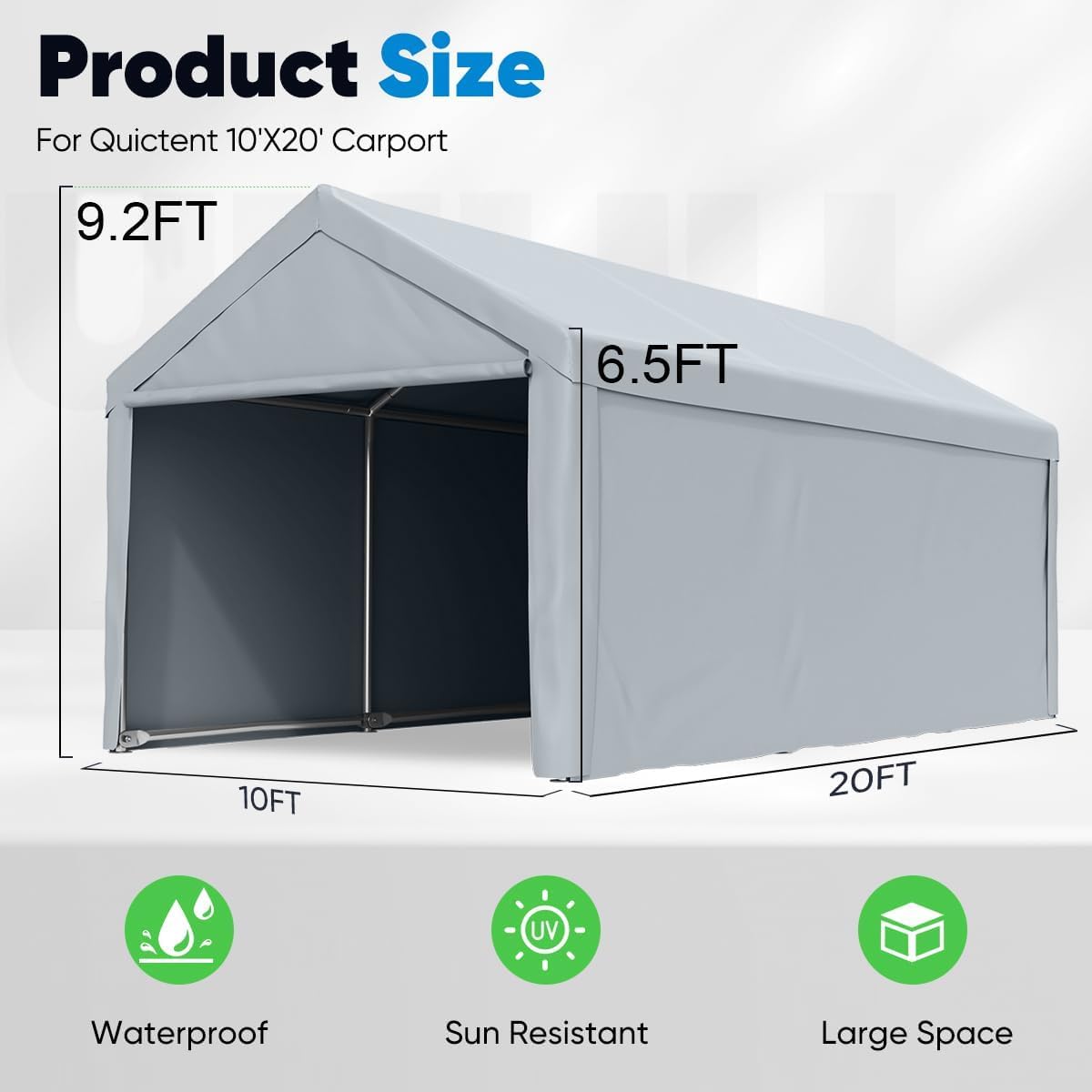 Quictent 10’x20’ Heavy Duty Carport Car Canopy Galvanized Car Shelter Boat Shelter with Reinforced Steel Cables and Ground Bars-Silver Gray