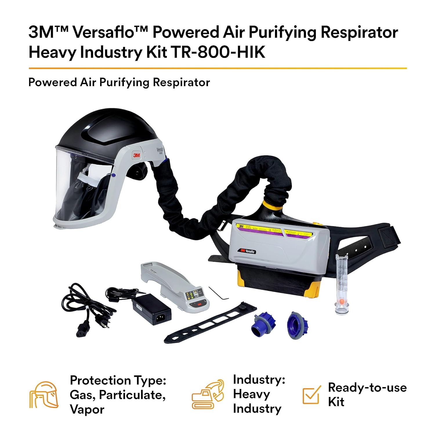 3M PAPR Respirator, Versaflo Powered Air Purifying Respirator Heavy Industry Kit, TR-800-HIK, Intrinsically Safe, NIOSH, Ready to Use All-in-One Respiratory Protection for Particulate, Gas and Vapor