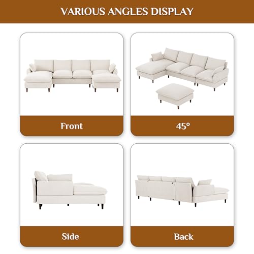 U-Shaped Sectional Sofa Couch, 112" Comfy Deep Seat Cloud Couch with Convertible Ottoman & Chaise, Modern Oversized Modular 5 Seat Sleeper Sofa Set for Living Room Office, Beige White Chenille