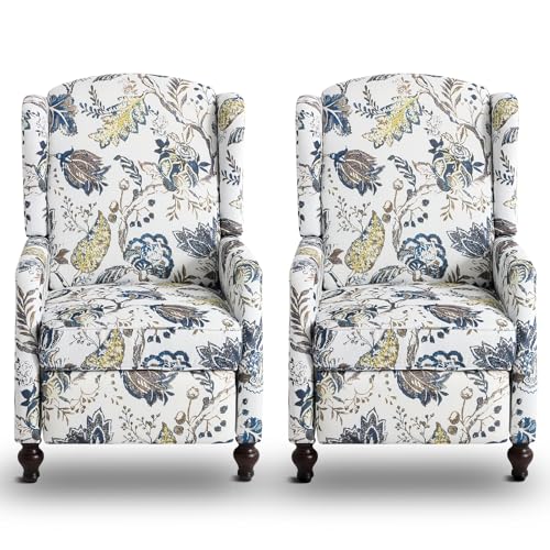 Wingback Recliner Chair with Massage and Heat, Tufted Fabric Pushback Recliner Chair, Wingback Chair with Remote Control, Padded Cushion, Wooden Legs, Small Recliners for Small Spaces