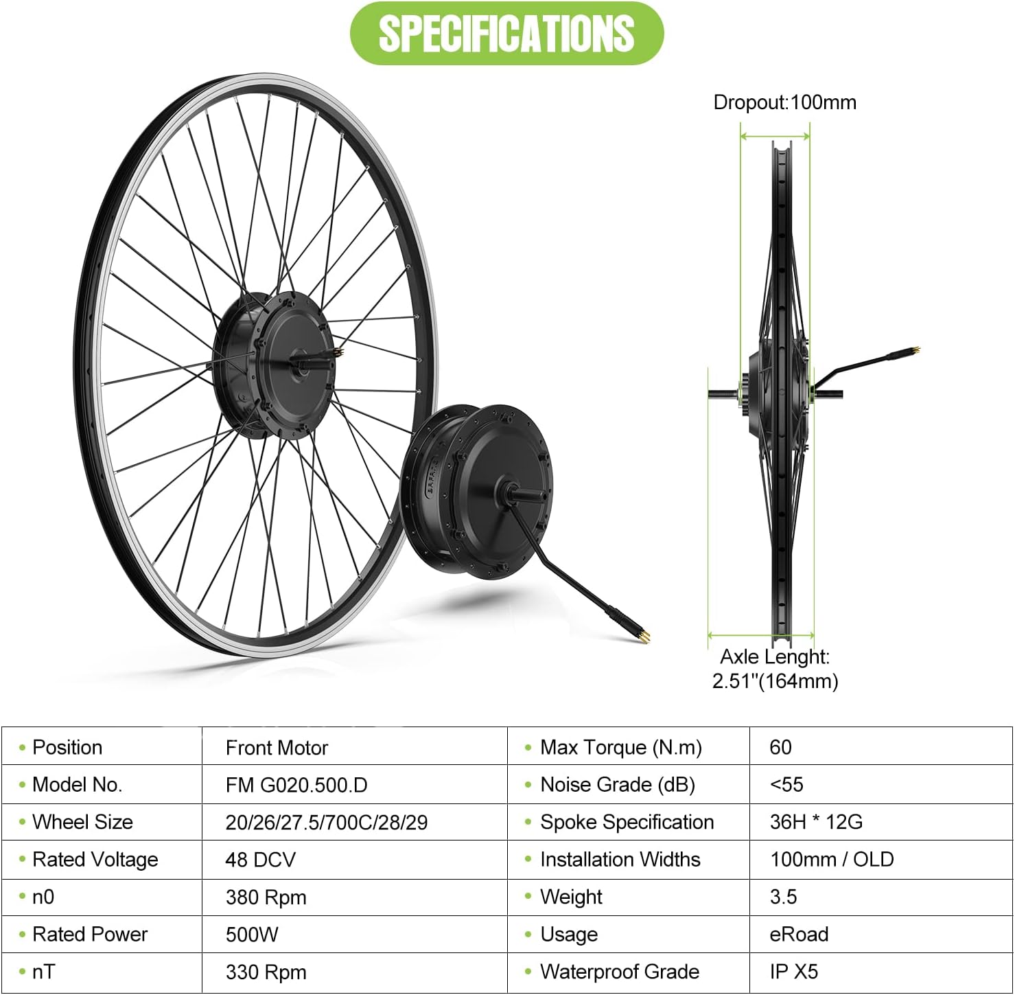BAFANG 48V 500W Front Hub Motor Electric Bike Conversion Kit for 26 inch Wheel Drive Engine with 500C LCD Display Without Battery and Charger