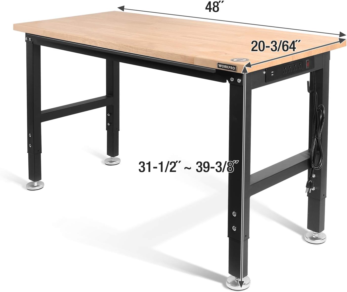 WORKPRO 48" Adjustable Workbench, Rubber Wood Top Heavy-Duty Workstation, 2000 LBS Load Capacity Hardwood Worktable with Power Outlets, for Workshop, Garage, Office, Home