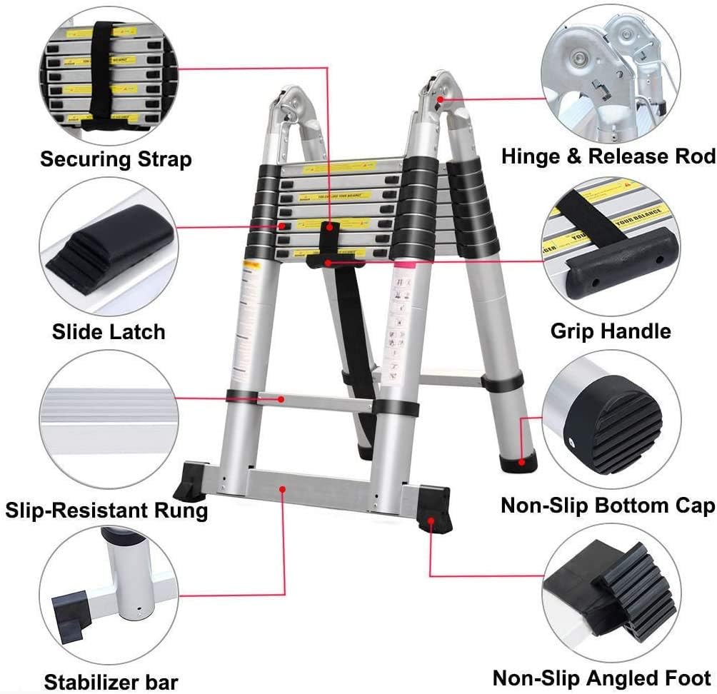 16.5FT/5M(2.5+2.5m) Household Ladder Telescopic Aluminum Extension 16 StepsLadder with Slip-Proof Feet 330lbs Max Capacity, EN131 Standard