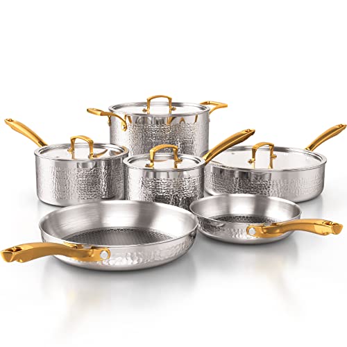 Homaz life Pots and Pans Set, Tri-Ply Stainless Steel Hammered Kitchen Cookware