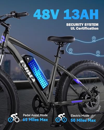 Racer Plus Adult Electric Bicycle, Peak 1000W Motor Electric Bike for Adults, Up to 28MPH 65Miles, 26x4.0 Fat Tire Electric Mountain Bike with 48V 13AH Battery, 7 Speed Front Suspension E Bike