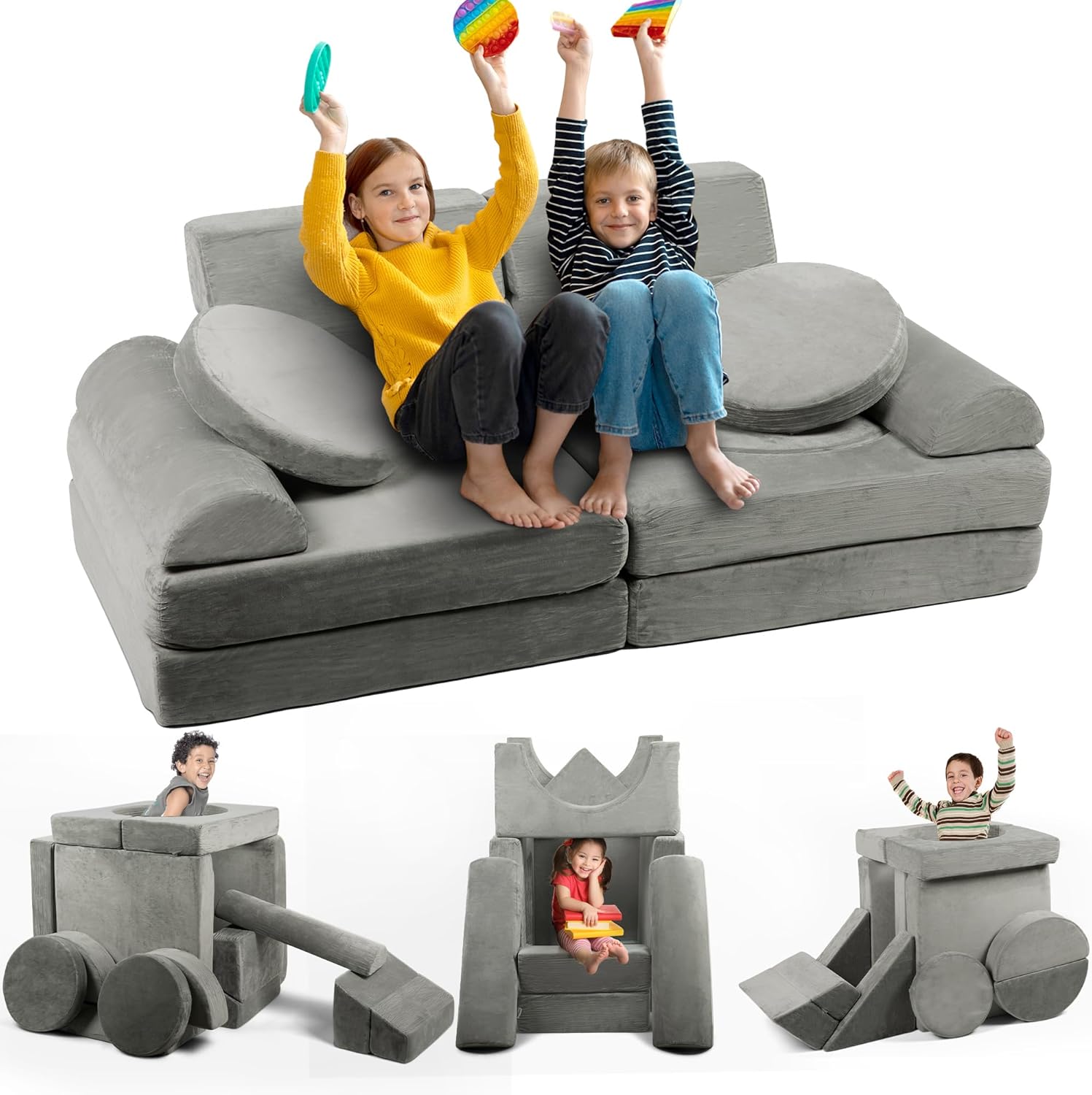 Modular Kids Play Couch - 15 Pieces Buildable Plush Play Couch Panels with Ball Pit Square, Backrests - Kids Sofa Couch Furniture for Ages 5-12, Kids Couch for Playroom, Bedroom, Classroom
