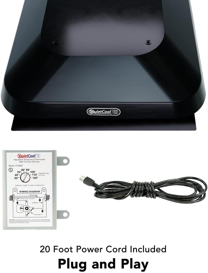 Quietcool AFR PRO-1.3 Roof Mount Attic Fan - 1266 CFM - Adjustable Thermostat - 20ft Power Cord - Plug-and-play - Two Speed