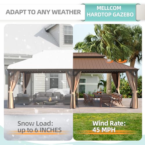 MELLCOM 12'x16' Hardtop Gazebo, Galvanized Steel Metal Double Roof Canopy with Curtains and Netting, Brown Permanent Pavilion Gazebos with Aluminum Frame for Garden, Patio, Lawns, Deck
