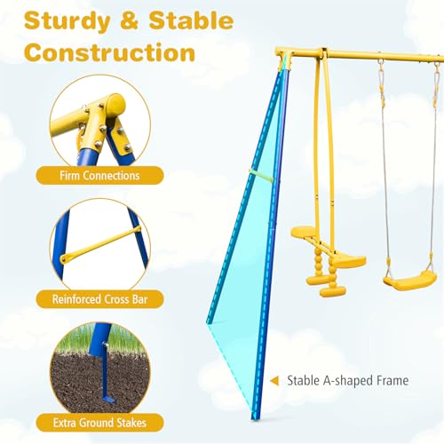 Costzon 440 lbs Swing Sets for Backyard, 3-in-1 Heavy Duty Extra Large Metal Swing Frame w/A-Shaped Stand, Swing, Glider, Gym Rings, Play Equipment for Indoor Outdoor Gifts Kids Toddlers