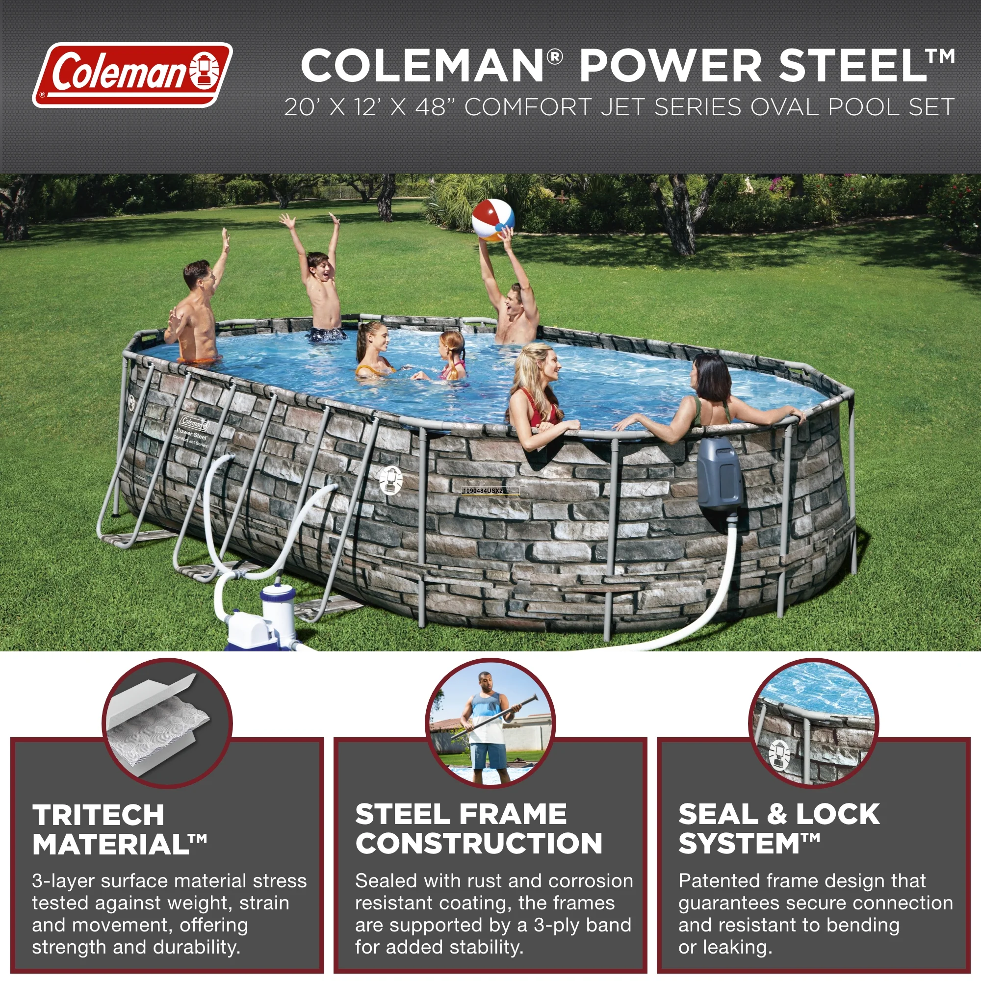 Coleman 20' Power Steel Comfort Jet Oval 48" Deep Metal Frame Above Ground Pool