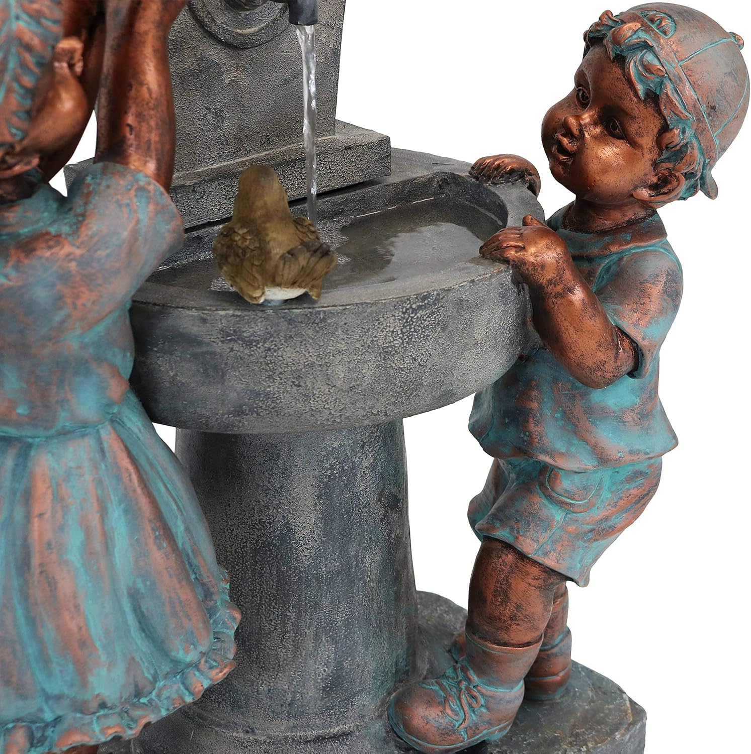 Sunnydaze 30-Inch Boy and Girl at Bird Bath Outdoor Water Fountain - Electric Submersible Pump with Adjustable Flow
