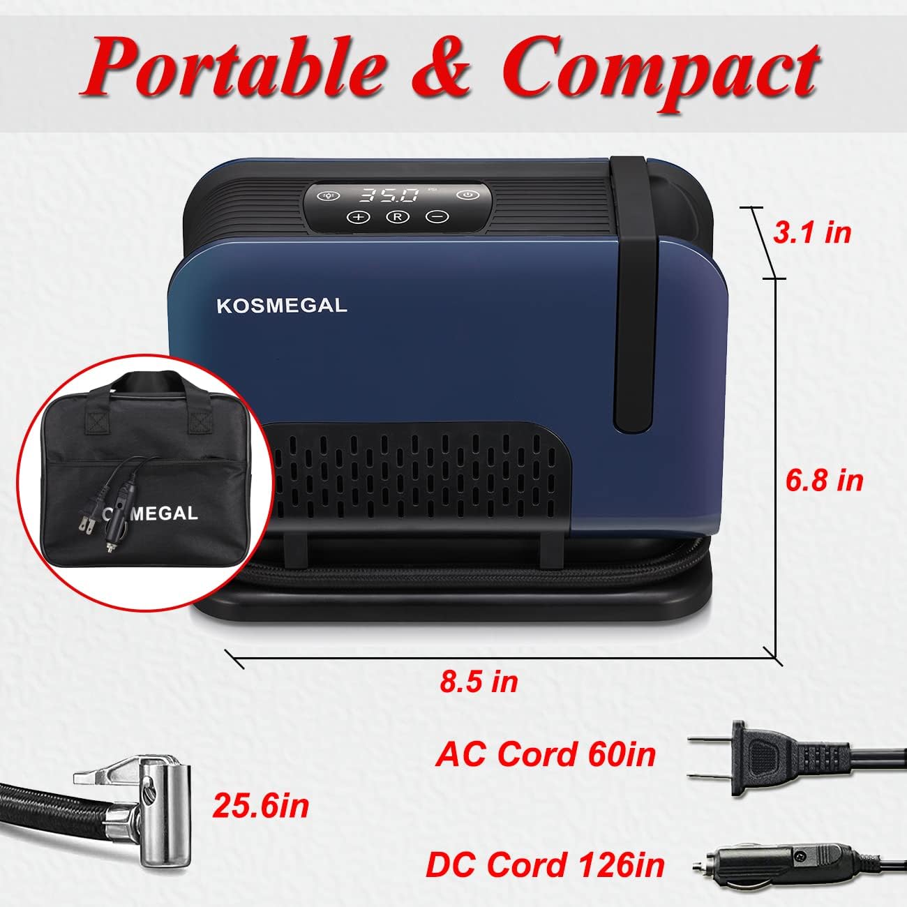 kosmegal Tire Inflator Portable AC/DC Air Compressor with Digital Pressure Gauge, Electric Tire Pump for Car Tires 12V DC and Other Inflatables at Home 110V AC (Blue)