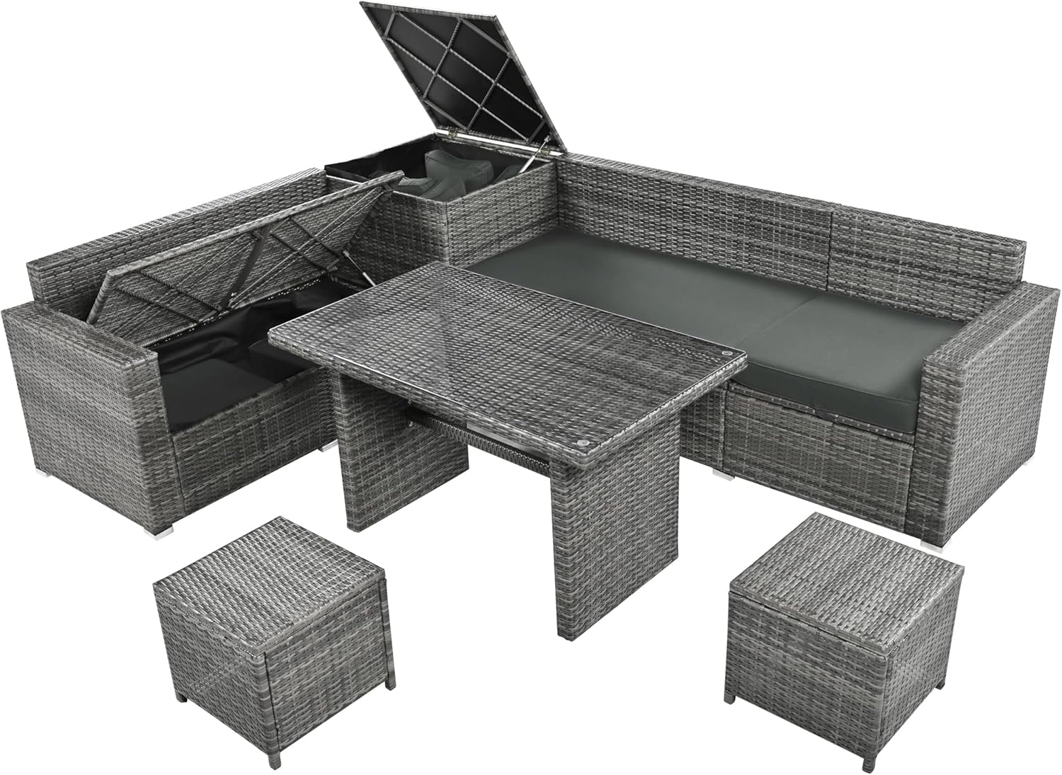 Outdoor 6-Piece All Weather PE Rattan Sofa Set, Garden Patio Wicker Sectional Furniture Set with Adjustable Seat, Storage Box, Removable Covers and Tempered Glass Top Table,Grey