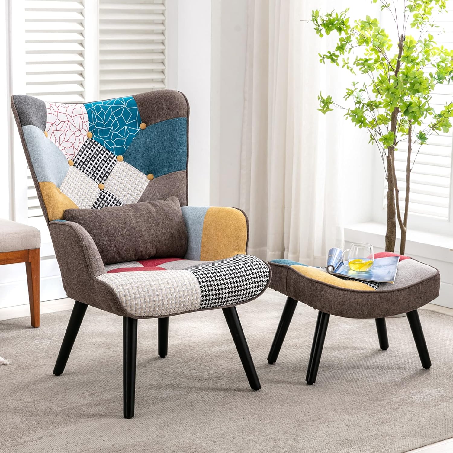 HomeMiYN Patchwork Accent Chair with Ottoman, Modern Colorful Reading Armchairs with Footrest, Splicing Wingback Chair with Wooden Legs for Living Room, Bedroom