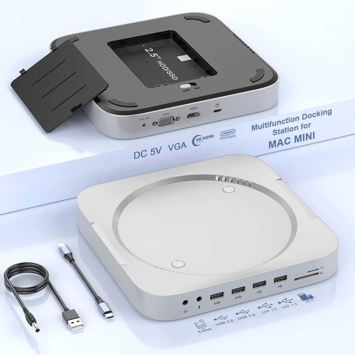Mac Mini Dock with Hard Drive Enclosure,12 in 1 USB-C Docking Station for Mac Mini M1with HDMI,VGA,SSD/HDD Slot,USB 3.0,USB 2.0,TF/SD Card Solt,Video/Audio Jack Compatible with 2018/2020 Mac Mini Dock