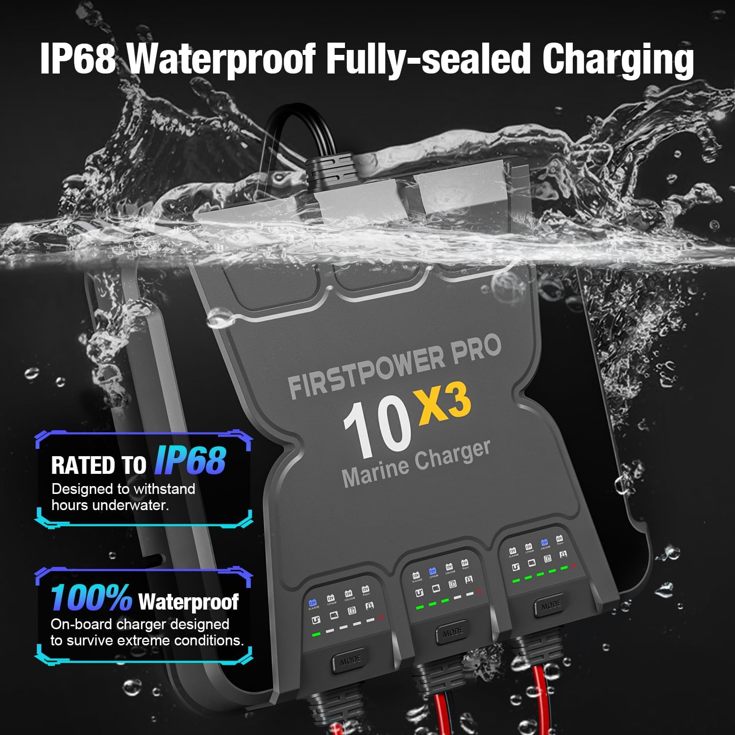 3 Bank Marine Battery Charger 10X3, 30A (10A/Bank) - 12V Waterproof Onboard Battery Charger, Battery Maintainer & Desulfator for SLA/AGM, Lithium (LiFePO4), Calcium & Deep-Cycle Battery - Charged 24/7