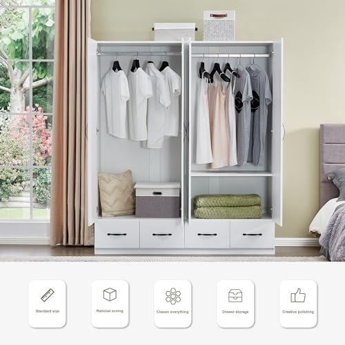 4-Door Wooden Gray Armoire Wardrobe Closet with 3 Drawers for Bedroom Storage Wardrobe Closet Wood with Hanging Rod with Large Storage Wardrobe with Drawers 63" L x 20.3" W x 72" H
