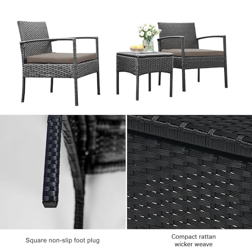 PROHIKER 3 PCS Patio Rattan Conversation Chairs Set, Outdoor Patio Furniture Balcony Furniture Set, Wicker Patio Bistro Set for Garden Porch Balcony Yard, Brown