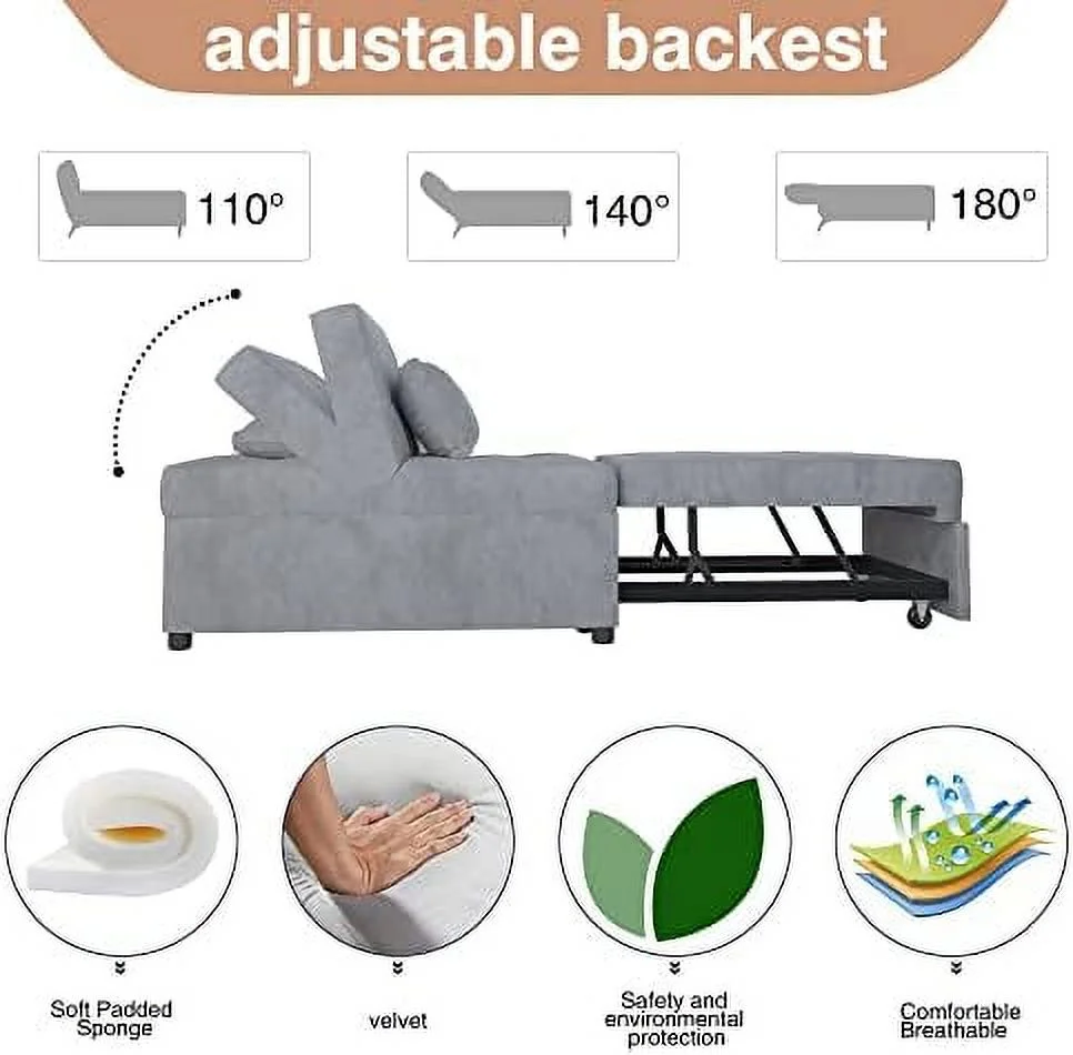 TJUNBOLIFE Velvet Convertible Sofa Bed  4 in 1 Multi- Folding Ottoman Lounge Chair  Modern Sleeper Bed Couch Guest Bed with Adjustable Backrest and Pillow for Living Room Small Room Apart