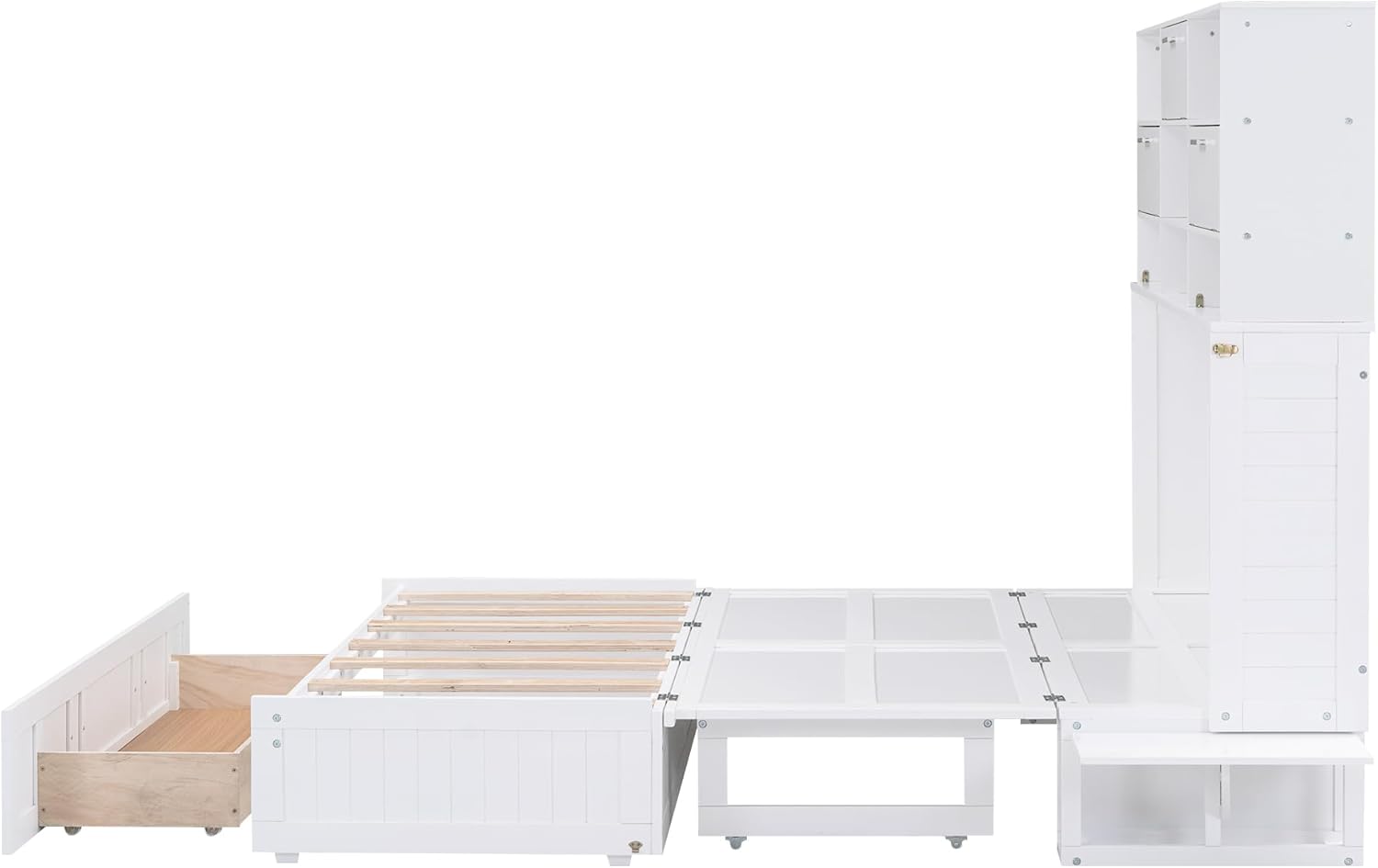 Queen Murphy Bed Cabinet Bed with Bookcase, Bedside Shelves and a Big Drawer for Guest Room or Home Office, White