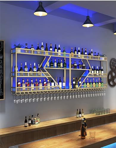 79/94/118" Metal Wine Rack Wall Mounted, Modern Bar Shelves Wall Mounted Wine Rack with LED Light, Liquor Shelf Wall Mounted, Bar Shelves for Liquor Bottles (Black with Blue Led, 71--3 Tier)