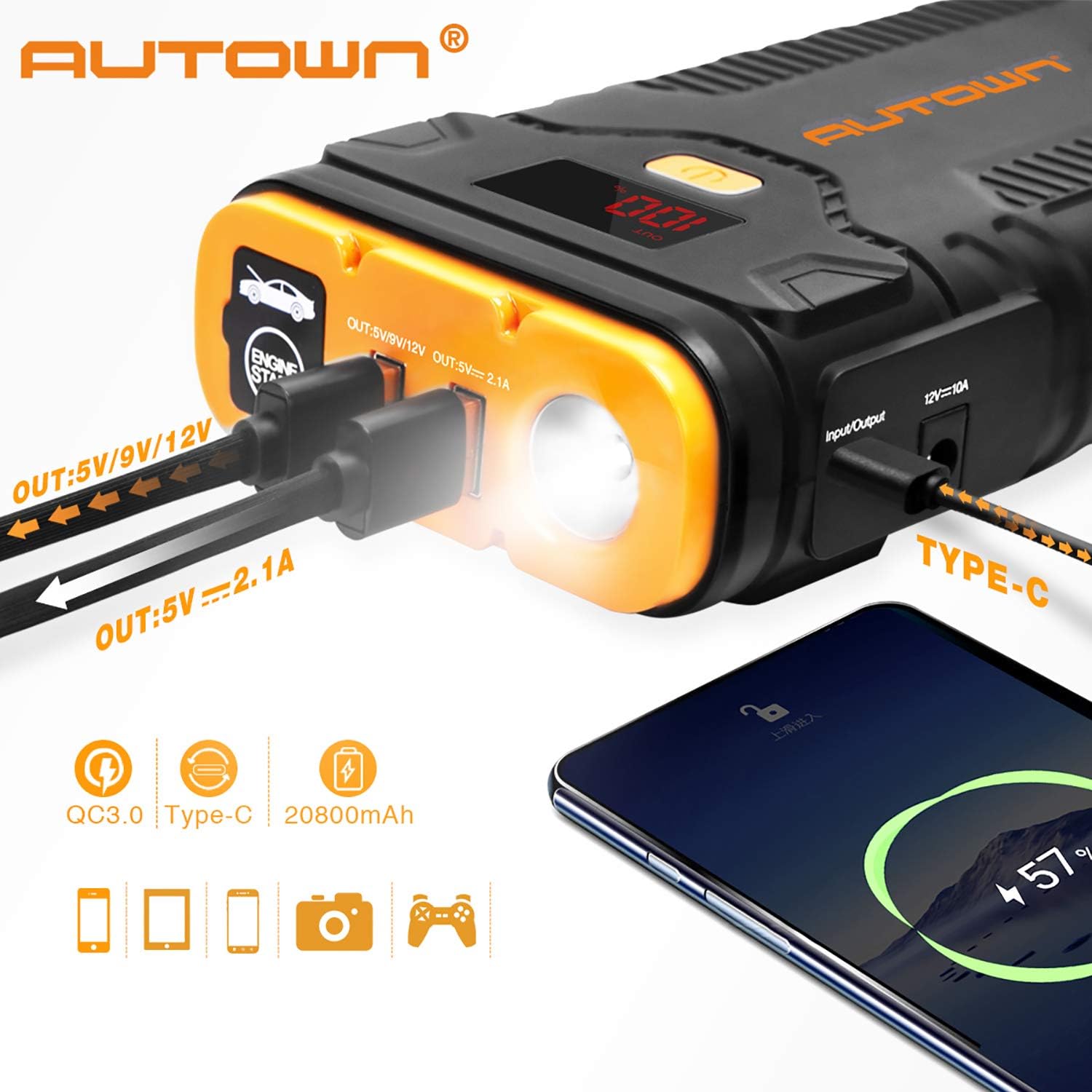 Jump Starter, AUTOWN 1000A Peak 21000mAh Car Battery Charger with Quick Charge 3.0, 12V Auto Battery Booster Portable Power Pack with Built-in LED Light
