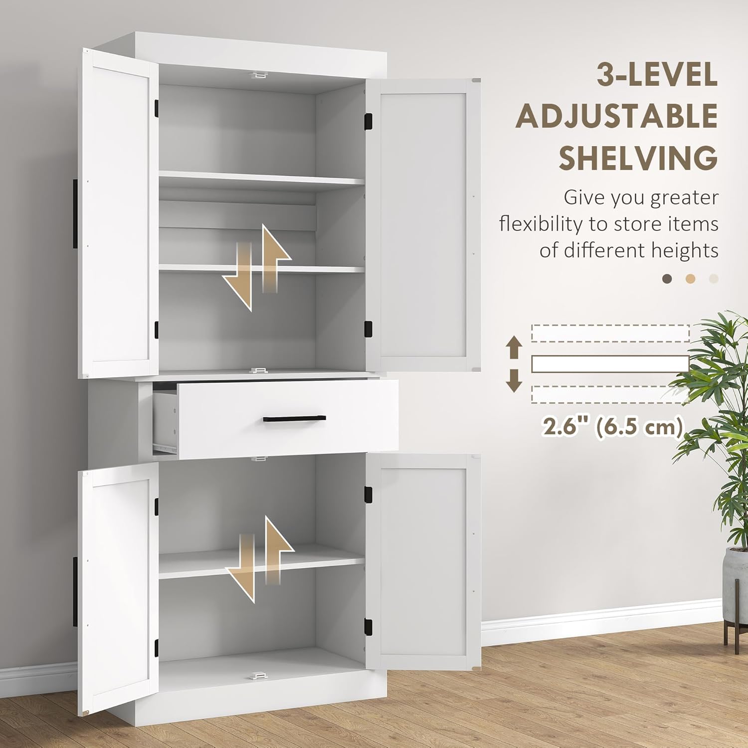HOMCOM 72" Tall Kitchen Pantry Storage Cabinet, Farmhouse Freestanding Kitchen Cabinet with 4 Barn Doors, Drawer, 5-Tier Shelf and Adjustable Shelves, White