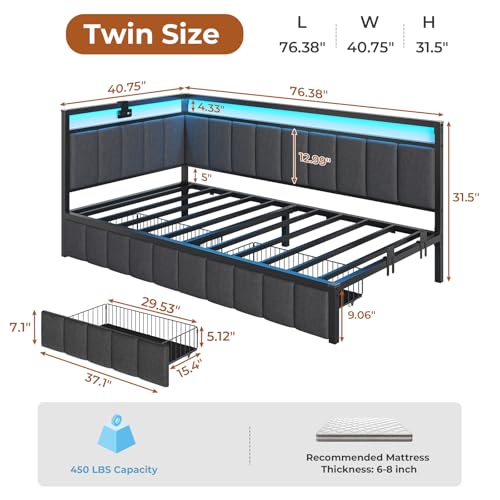 DICTAC Corner Full Bed Frame with 2 Storage Drawers and Charging Station Full Size Platform Bed Frame with Led Lights and Upholstered Guardrail Daybed for Living Room, Bedroom and Guest Room, Gray