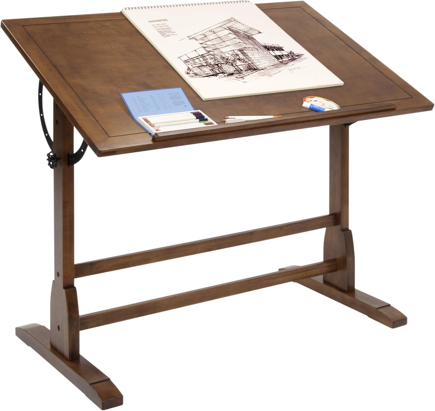 Studio Designs Vintage Drafting Table - Antique Design Solid Wood Drafting Table with Built-In Pencil Groove and Pencil Ledge - Angle Adjustable Work Surface
