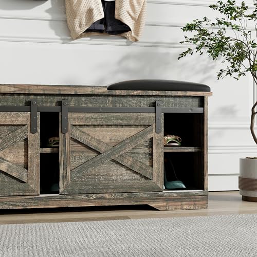 47" Shoe Bench Entryway with Storage,Farmhouse Shoe Bench with Sliding X Barn Door, Entryway Bench with Storage Space and Padded Cushion,2-Tier Shoe Bench for Entryway,Living Room(Antique Gray)