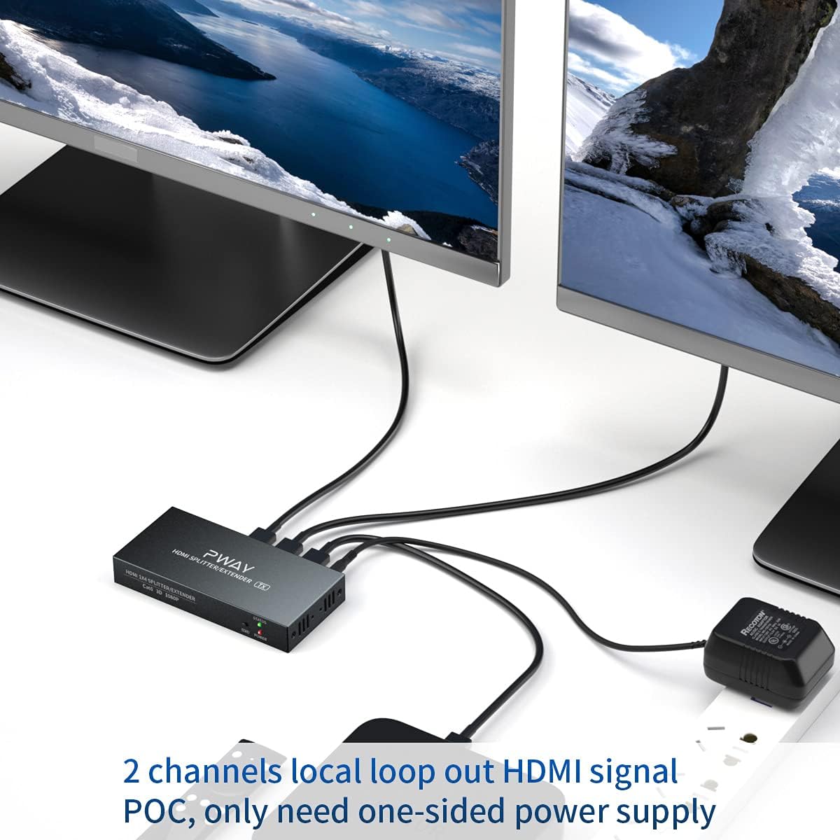 HDMI Extender Splitter 1x2 1080P@60Hz Over Cat 5E/6/7 Ethernet Cable 50m (165ft) Support 2 HDMI loopout EDID Copy POC Function (1 in 2 Out)