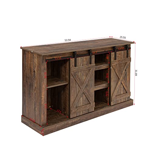 Yoglad Wooden Farmhouse Style 53.9 Inch TV Stand Storage Shelves, Entertainment Center Television Stands with Sliding Wood Barn Doors, Cabinet Console for Living Room Bedroom, Rustic Natural (04)
