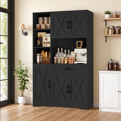 HOSTACK 71" Tall Kitchen Pantry Storage Cabinet, Farmhouse Food Pantry Cabinet with Microwave Stand, Barn Doors Kitchen Hutch with Large Drawer and Shelves for Dining Room, Ash Grey