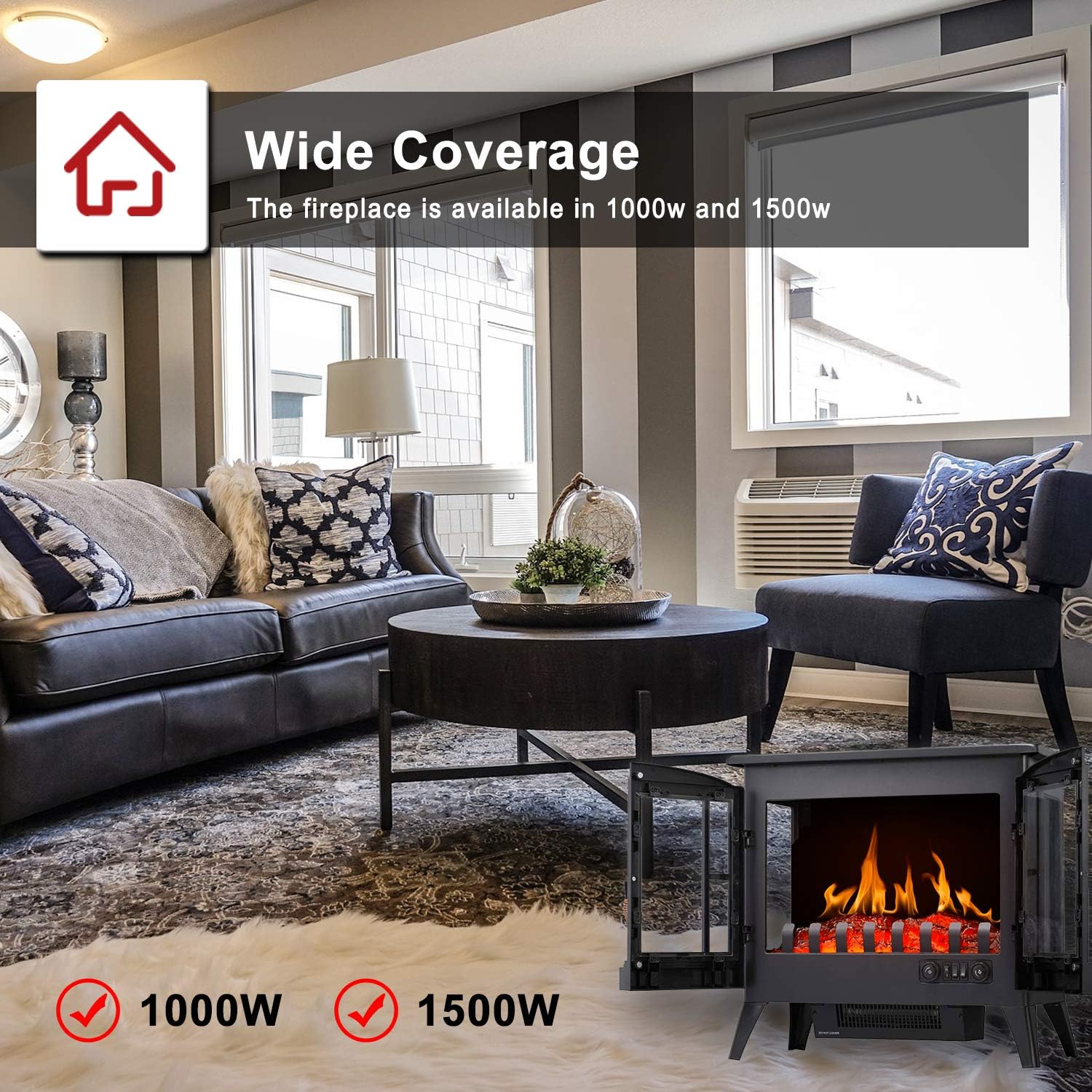 R.W.FLAME Electric Fireplace Infrared Stove Heater, 23" Freestanding Fireplace Heater, 3D Realistic Flame Effects, Adjustable Brightness and Heating Mode, Overheating Safe Design, 1000W/1500W, Black