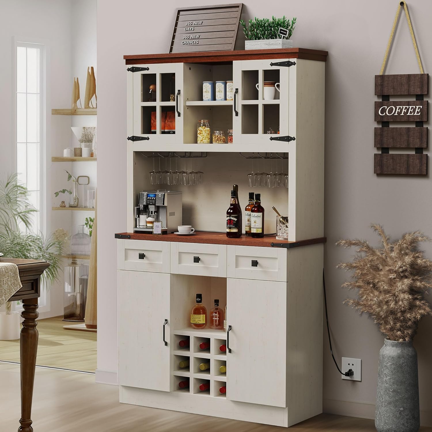 DWVO Farmhouse Kitchen Pantry Cabinet with Power Outlet, 72 Inch Buffet Cabinet with Storage Shelves and 3 Drawers, Pantry Cupboard for Kitchen, Living Room and Dining Room, Antique White