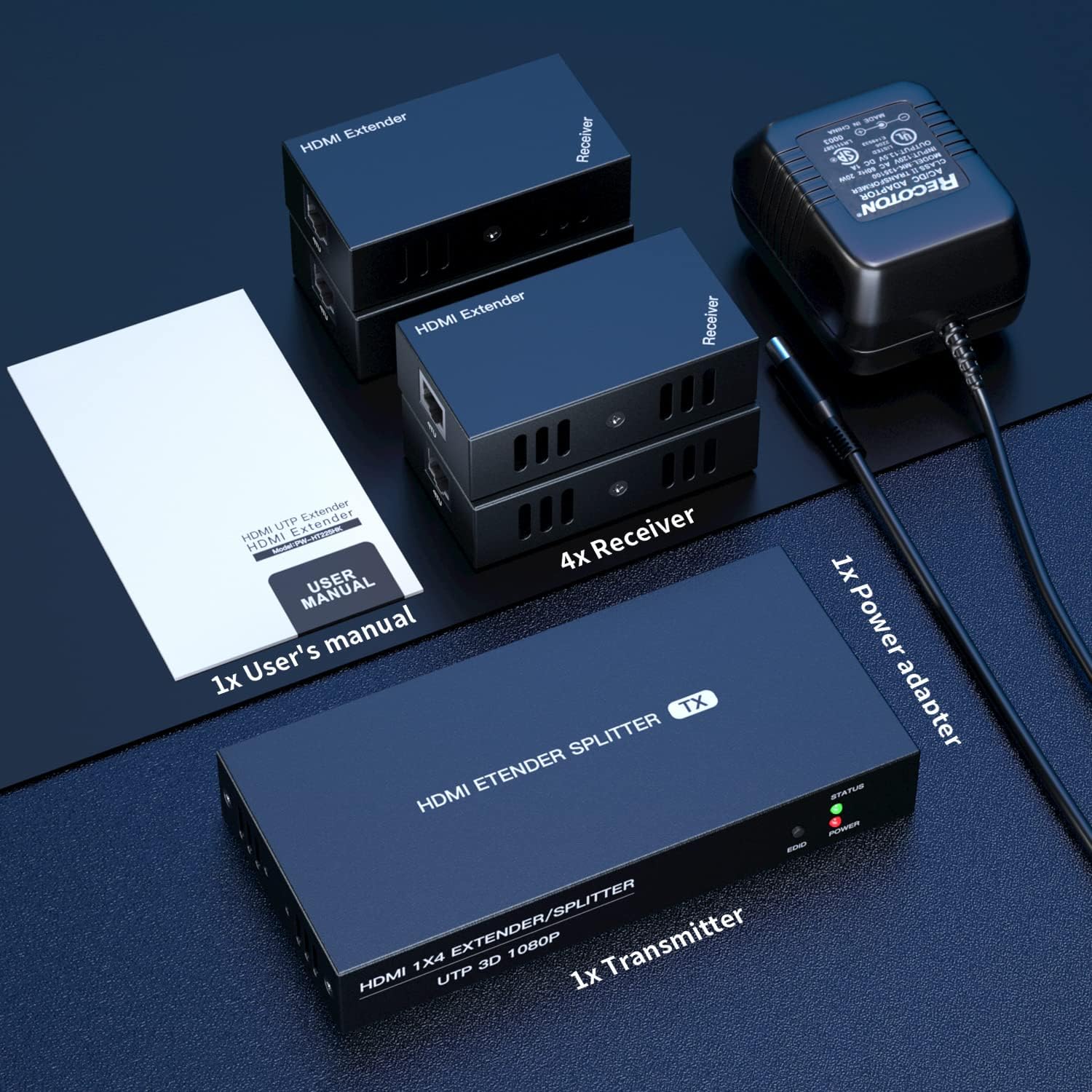 HDMI Extender Splitter 1x2 1080P@60Hz Over Cat 5E/6/7 Ethernet Cable 50m (165ft) Support 2 HDMI loopout EDID Copy POC Function (1 in 2 Out)