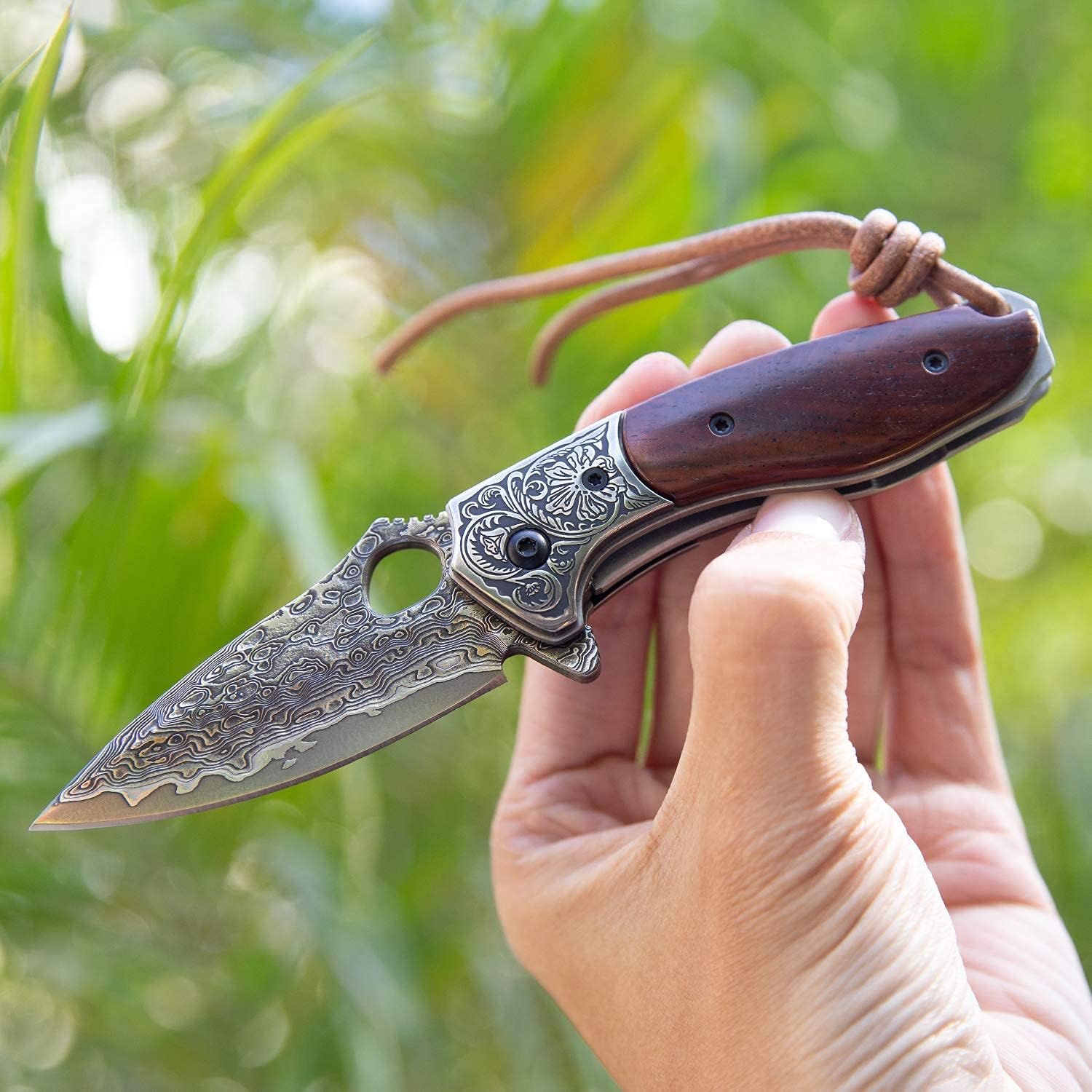 SPIRIT DEED EDC Pocket Knife for Men,2.5in Japanese Handmade VG10 Damascus Steel,Rosewood Handle,Liner Lock,Leather Sheath,Folding Knives for Camping and Hunting (Rosewood, 2.8)