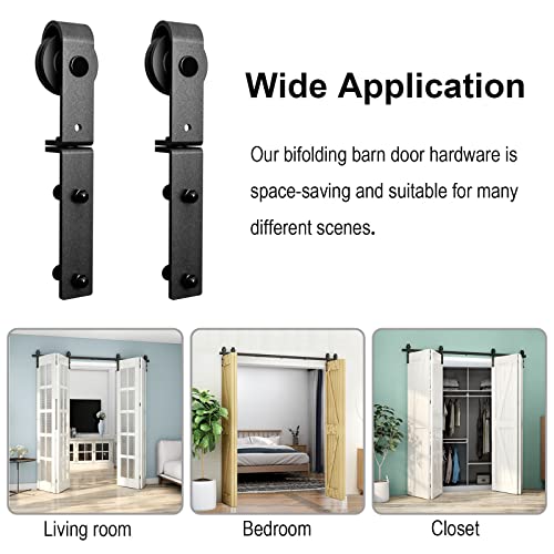 14FT Bi-Folding Sliding Barn Door Hardware Kit for 4 Doors,Slide Smoothly Quietly,Black Track J Shape Roller,No Door