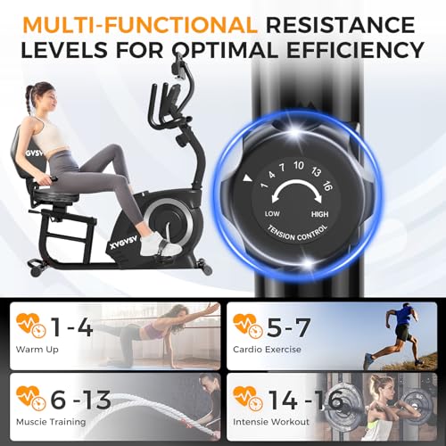 Recumbent Exercise Bike, Recumbent Stationary Bike for Home, Recumbent Bike with 400LB Weight Capacity Whisper-Quiet 16 Levels Magnetic Resistance Heart Rate Handle and Multi-Function LCD Comfortable Seat