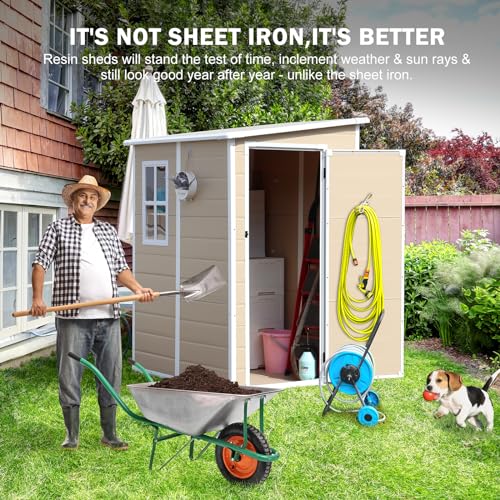 CDCASA 6x3 FT Storage Shed, Waterproof Resin Outdoor Storage Shed with Floor & Window & Double Lockable Doors and 2 Vents, Tool Shed for Bike, Garden, Backyard,Lawn, All Weather Use, Light Brown