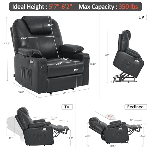 MCombo Power Lift Recliner Chair for Elderly, Lift Chair with Heat and Massage, FSC Certified, USB Ports, Cup Holders, Faux Leather 7040 (Black, Medium)