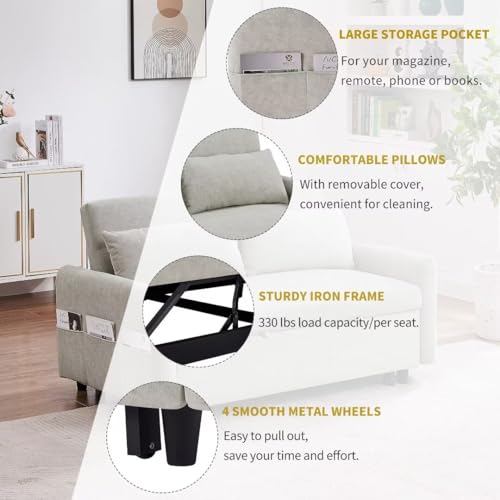 55.1" Pull Out Sleep Sofa Bed Loveseats Sofa Couch with Adjsutable Backrest, Storage Pockets, 2 Soft Pillows, w USB Port/Pull Out Bed, Bedroom, Apartment, Office