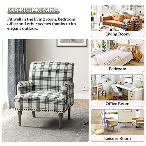 HULALA HOME Modern Accent Chair with Retro Wooden Legs & Nailhead Trim, Comfy Upholstered Armchair Single Sofa for Living Room Bedroom (Plaid, Grey)
