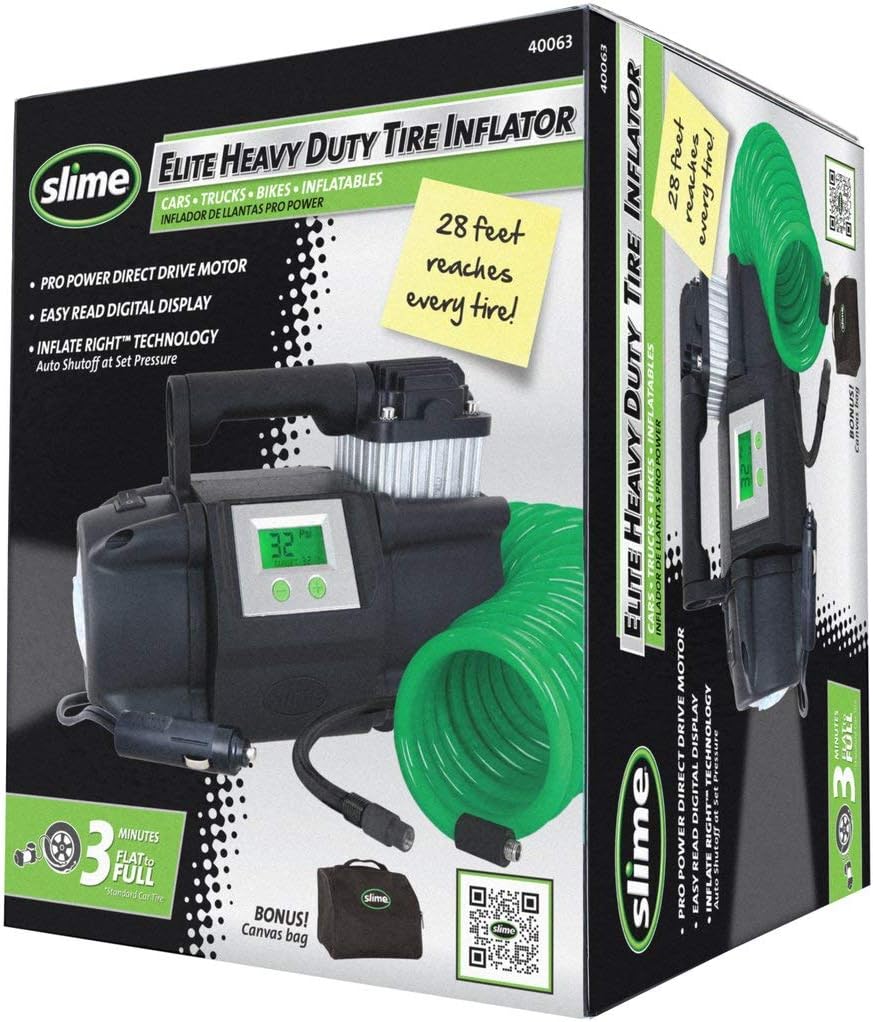 Slime 40063 Tire Inflator, Portable Car, SUV, 4x4 Air Compressor, Elite Heavy Duty, Inflate Right Automatic Shut Off, with Digital 99 psi Display, Long Hose and LED Light, 12V, 3 min Inflation Pack of 2
