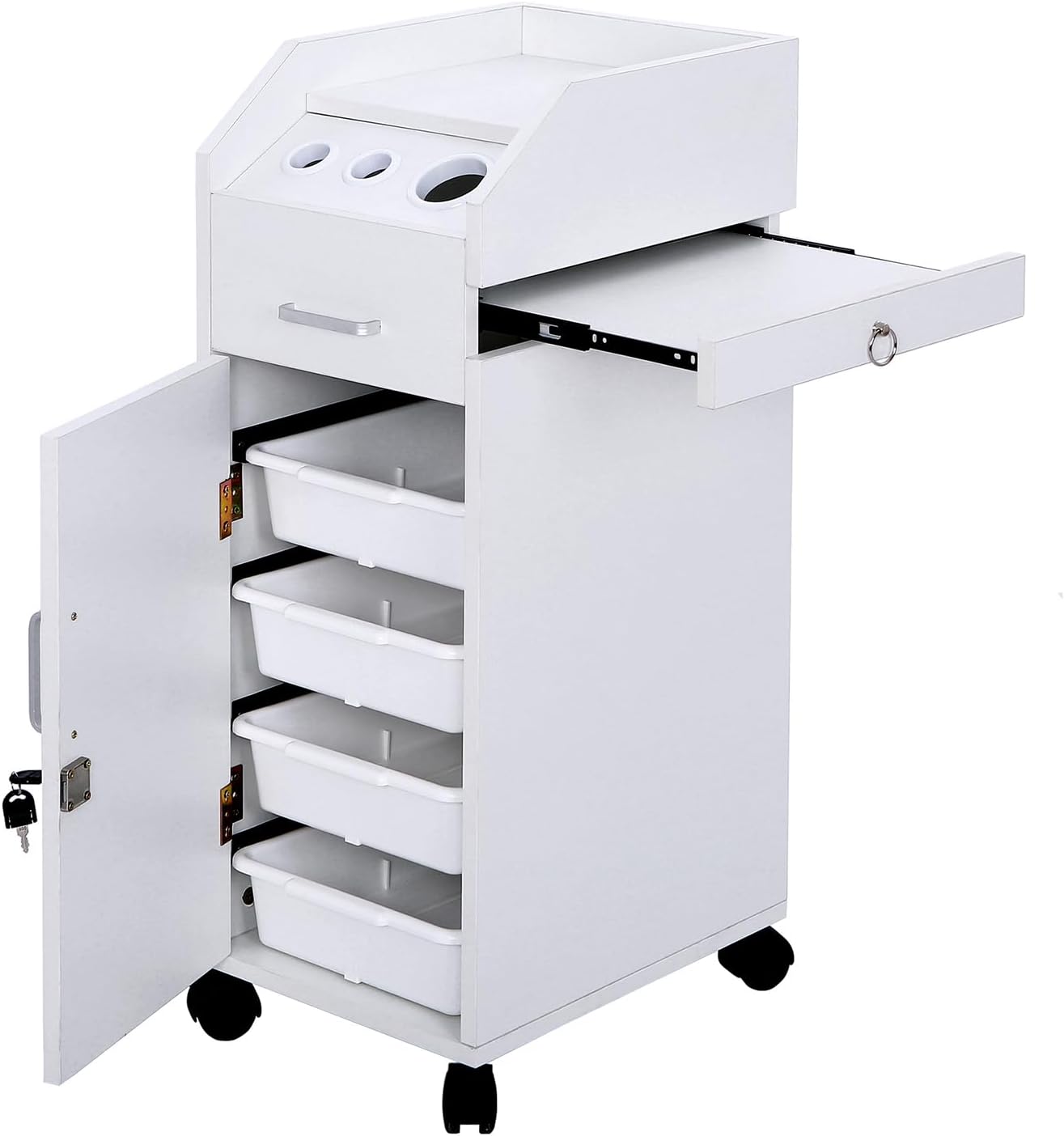 Rolling Hair Salon Storage Cart with Wheels & 3 Hair Dryer Holders & Drawers & Lock Hairdressing Tools Station Mobile Makeup Case SPA Utility Trolley,Space Saving Rolling Beauty Cart for Extra Storage