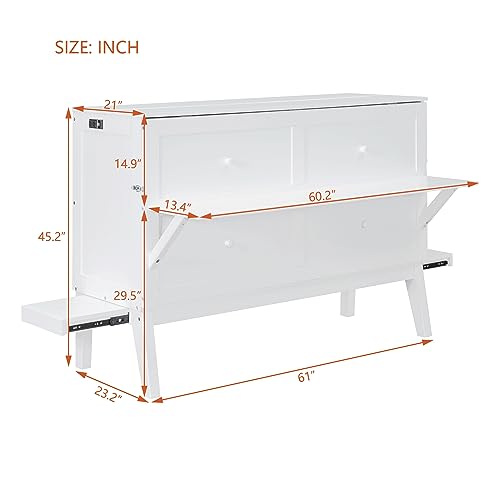 Queen Size Murphy Bed with Bookcase,Foldable Platform Bed Folded into Cabinet, Wood Murphy Bed Frame with Storage Drawer and Bedside Shelves Compatible with Bedroom,Small Space(White) ，Queen Bed