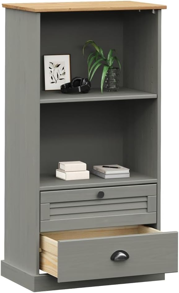 vidaXL VIGO Gray Solid Pine Wood Bookcase Storage with 2 Tier Shelves/2 Drawers - Rustic Bookshelf for Living Room/Study/Bedroom
