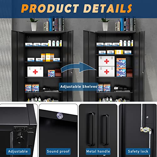 Yizosh Metal Garage Storage Cabinet with 2 Doors and 5 Adjustable Shelves - 71" Steel Lockable File Cabinet,Locking Tool Cabinets for Office,Home,Garage,Gym,School (Gray White)